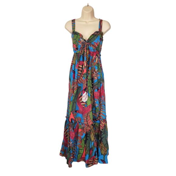 FARM Rio Totally Tuiuiu Sweetheart Maxi Dress Blue Green Tropical Bird Small - Picture 2 of 12